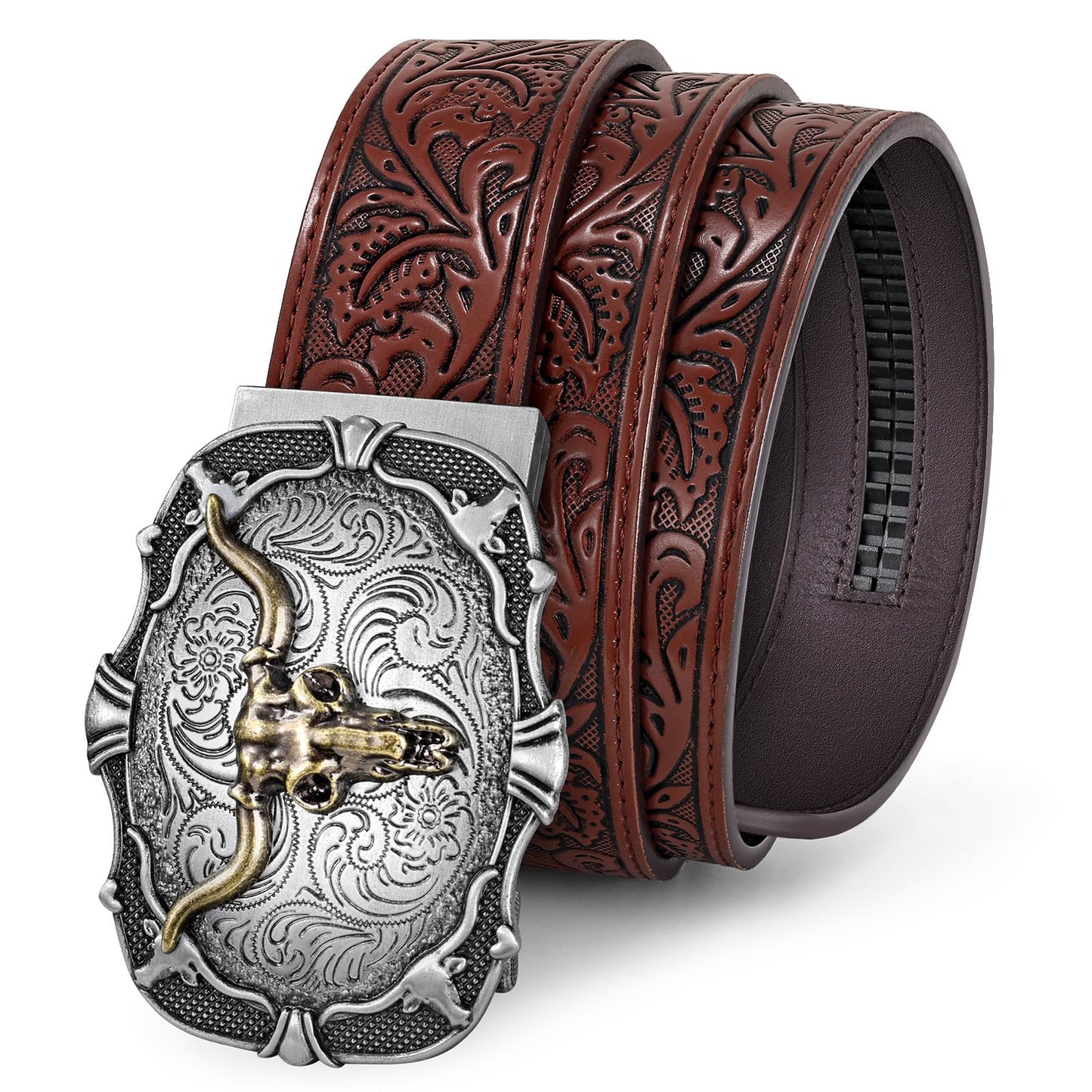 SUOSDEY Cowboy Ratchet Belt Western Leather Belts for Men with Automatic Cowboy Buckle