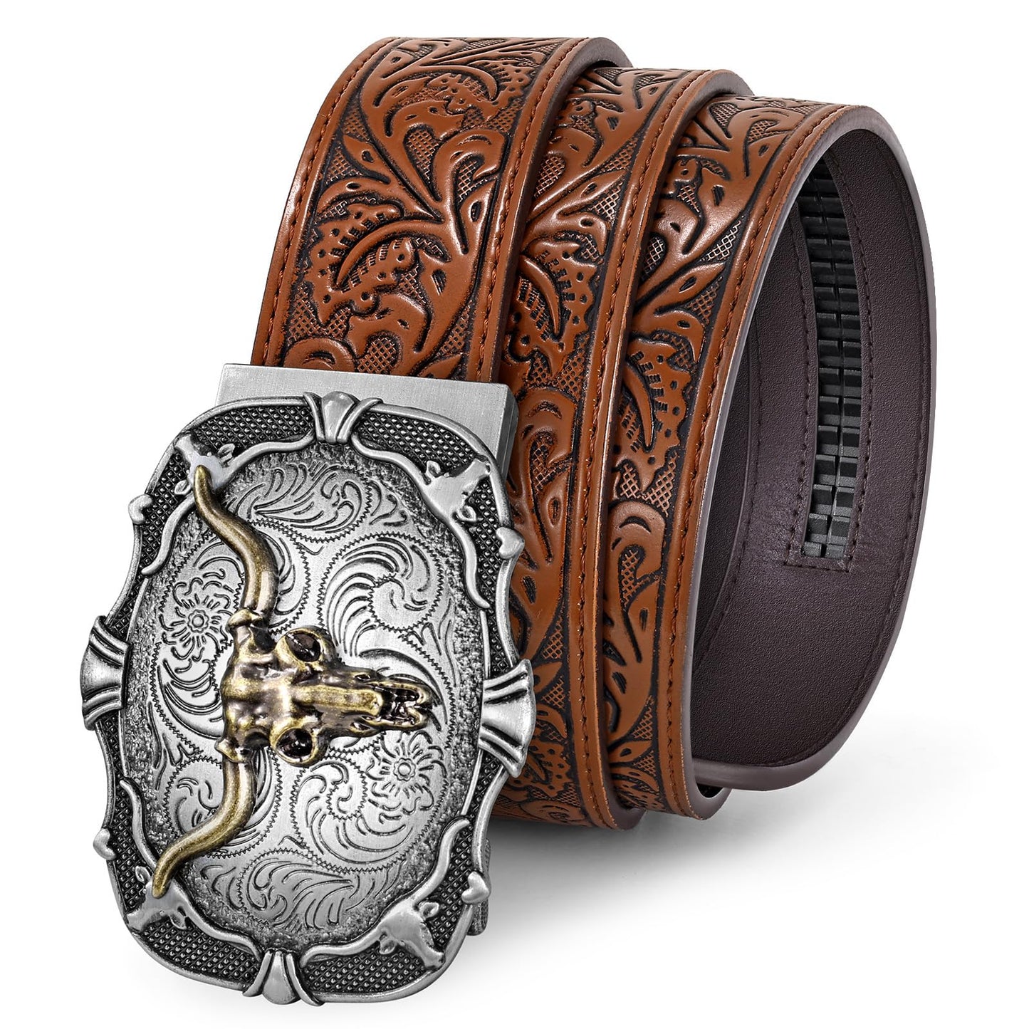 SUOSDEY Cowboy Ratchet Belt Western Leather Belts for Men with Automatic Cowboy Buckle