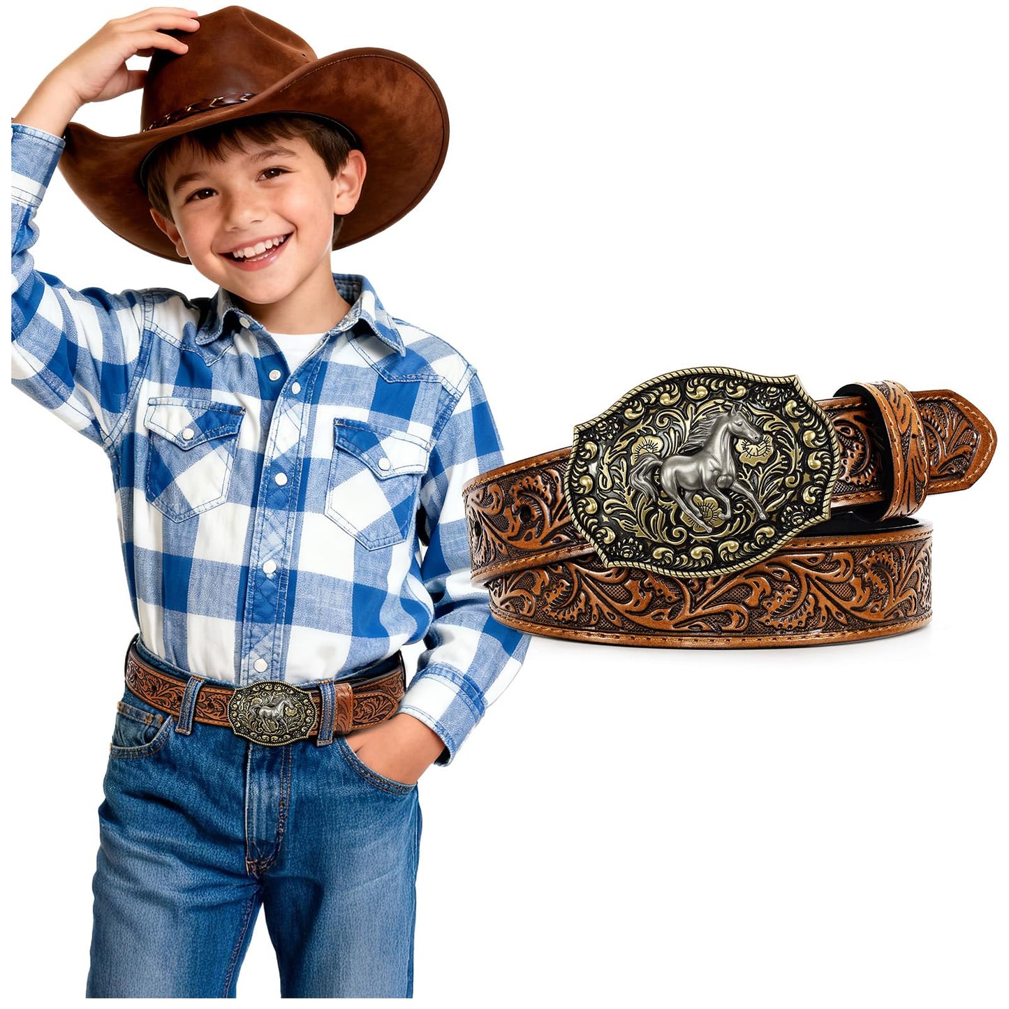 SUOSDEY Kids Western Belt for Boys Girls Genuine Leather Cowboy Cowgirl Belts with Detachable Buckle for Jeans Western Gifts
