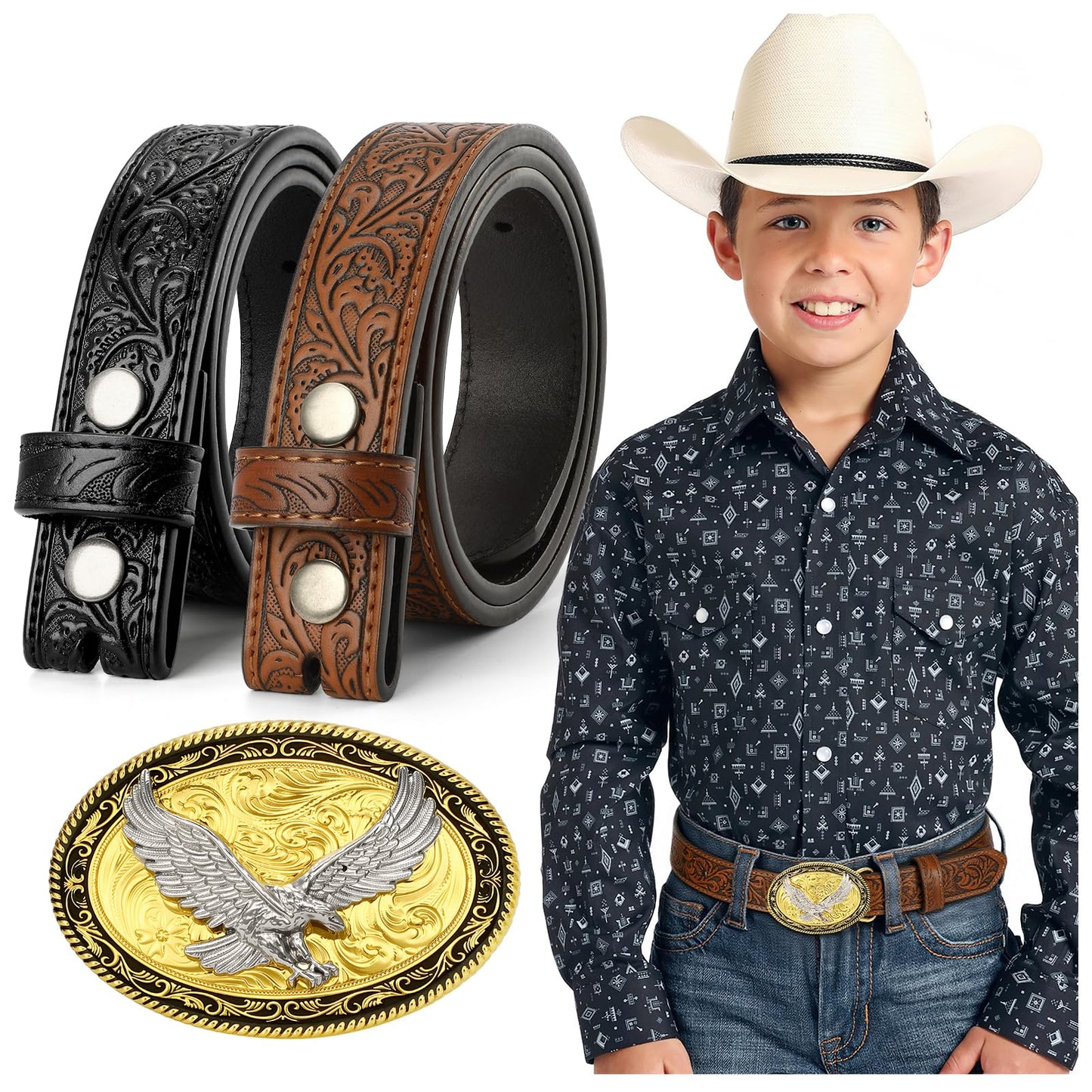 SUOSDEY Kid Western Leather Belts for Boys Girls Embossed Belt for Jeans Pant Dresses Birthday Christmas Gifts