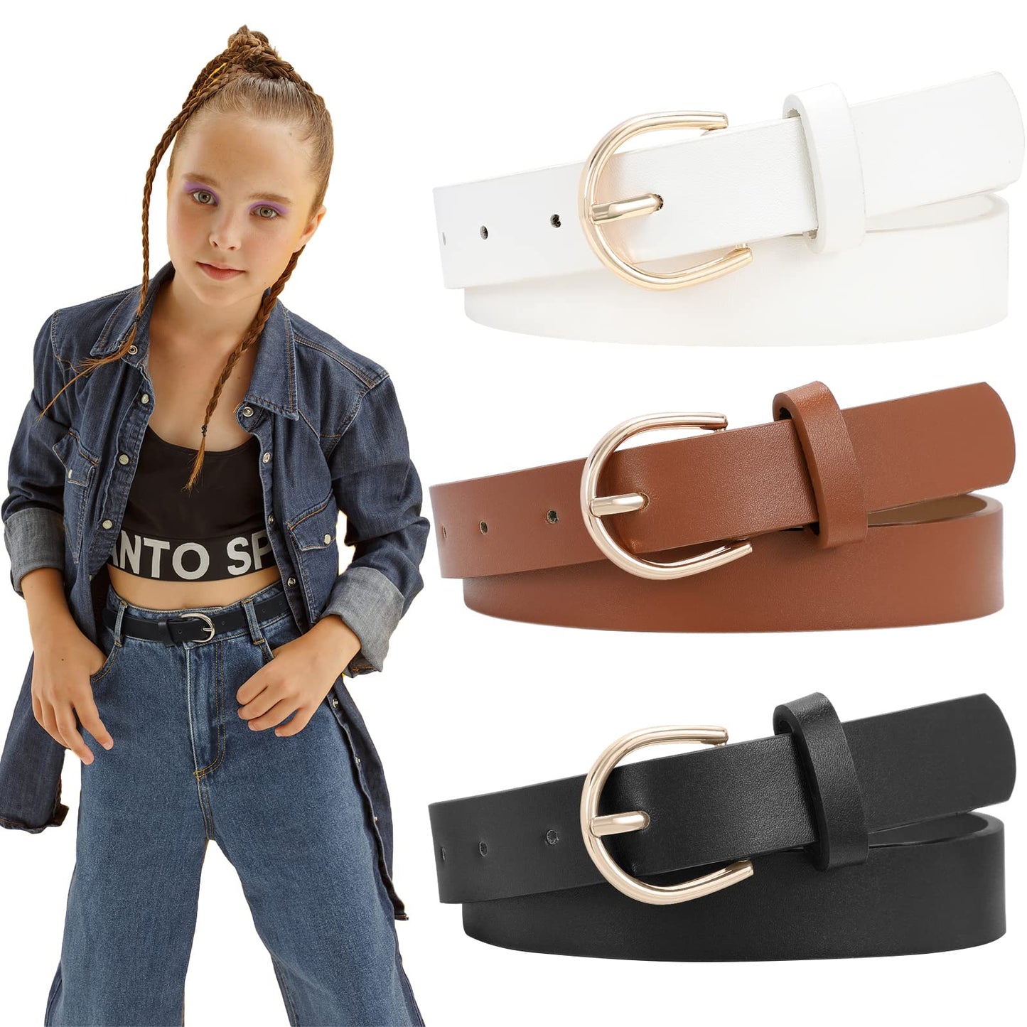 SUOSDEY Girls Leather Belts,Kids Skinny Belt for School Uniforms Gift 2Pack
