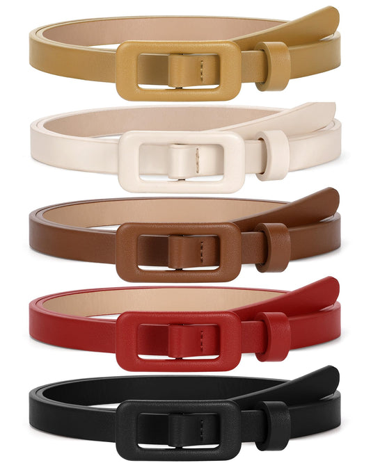 SUOSDEY 5 Pack Women Skinny Leather Belt Thin Waist No Hole Belt for Ladies Jeans Dress Pants
