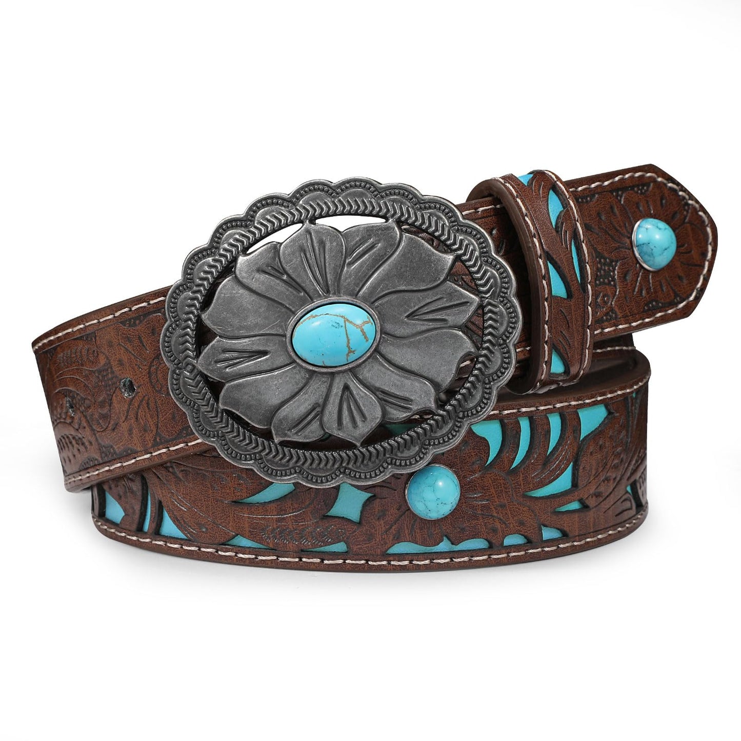 SUOSDEY Turquoise Buckle Western Leather Belt for Women Men Cowgirl Cowboy Concho Leather Belt