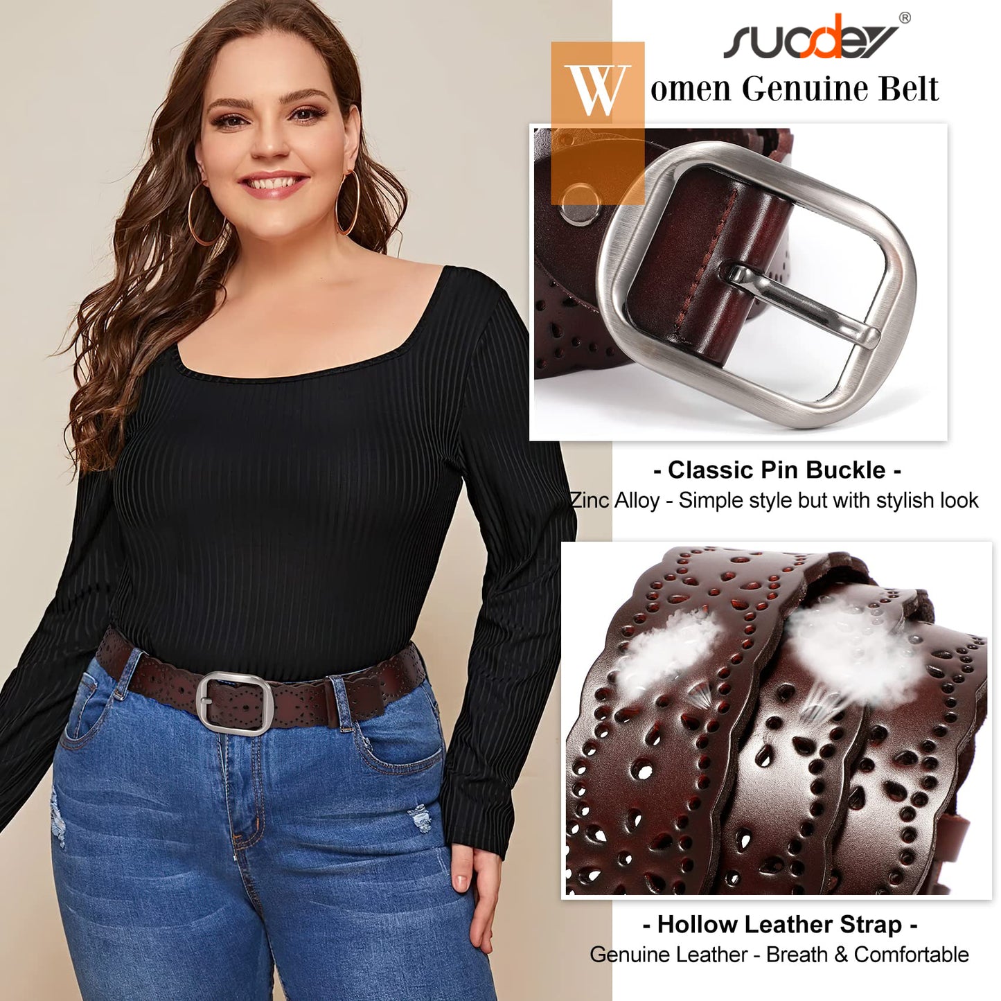 SUOSDEY Hollow Flower Leather Belt for Women Coffee Belt for Jeans Dresses Pants with Gift Box