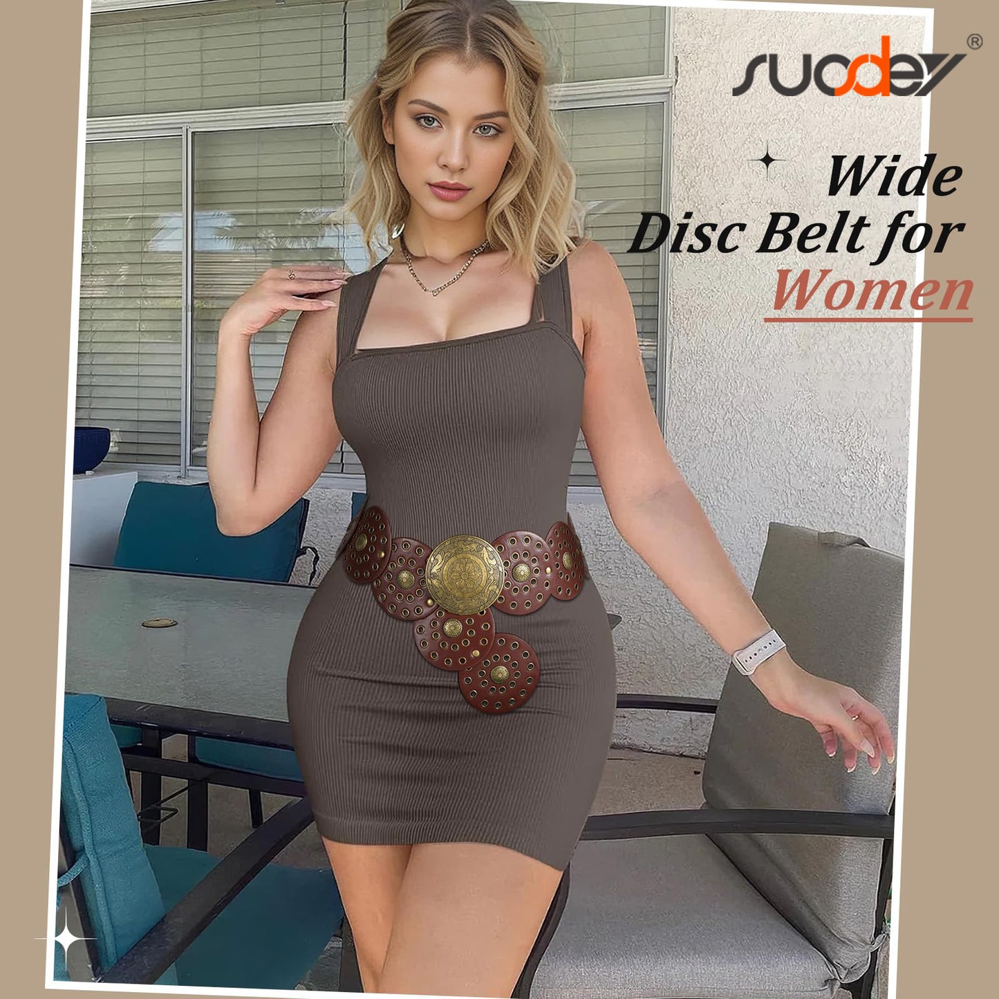 SUOSDEY Women's Concho Disc Belt Western Cowboy Cowgirl Wide Leather Boho Country Waist Belts for Dress Jeans