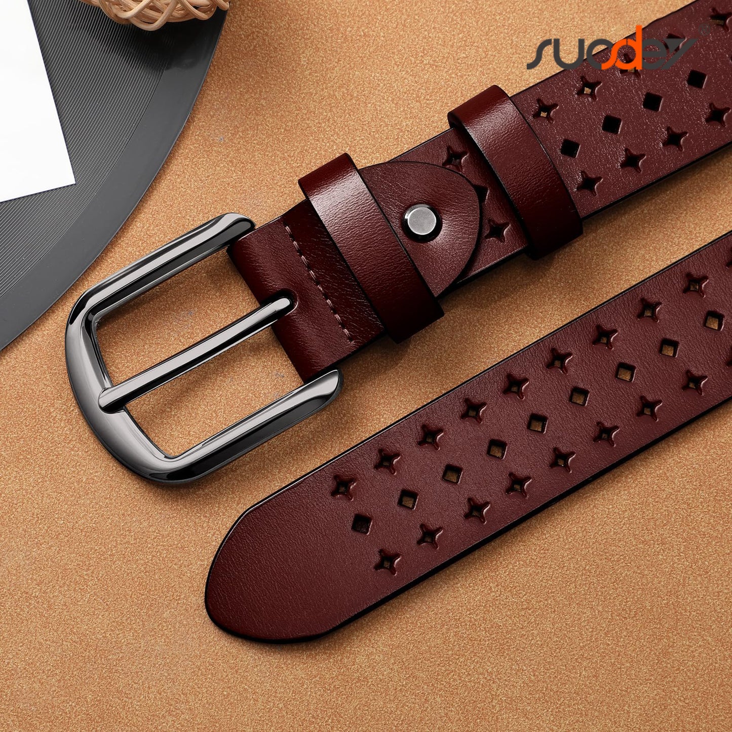 SUOSDEY Women Hollow Genuine Leather Belts with Pin Buckle,Fashion Casual Waist Belt for Jeans Dress Pants
