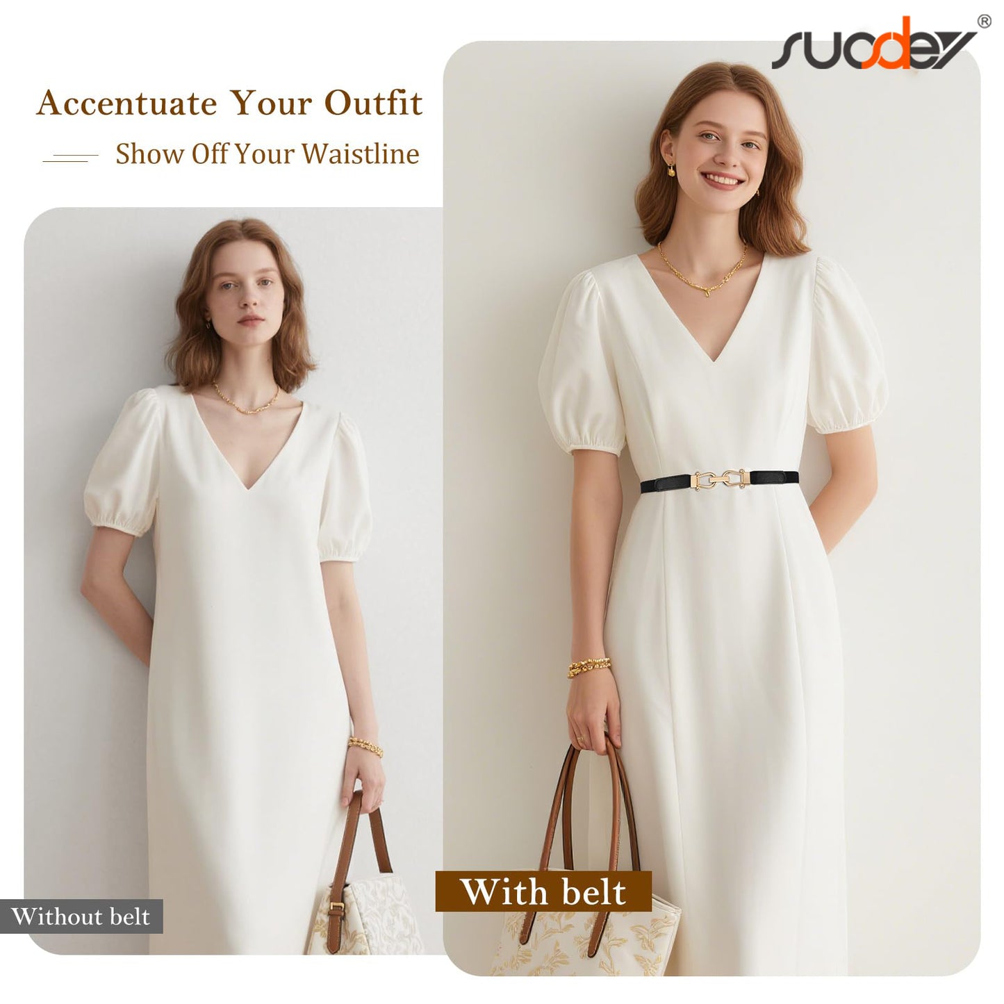 SUOSDEY Women Stretchy Waist Belt Retro Elastic Skinny Belt for Dresses Ladies with Gold Buckle 4 Pack