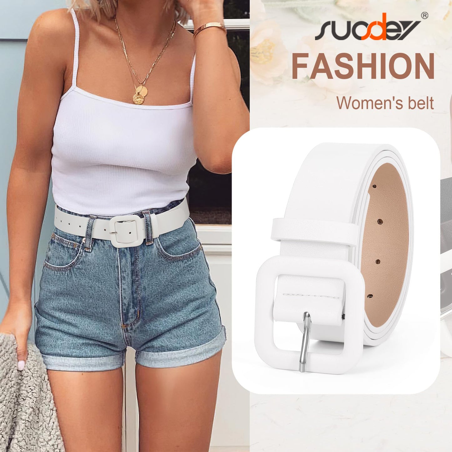 SUOSDEY Belts for Women,Ladies Belt for Jeans Pants Dresses,Candy Color Fashion Square Buckle Belt