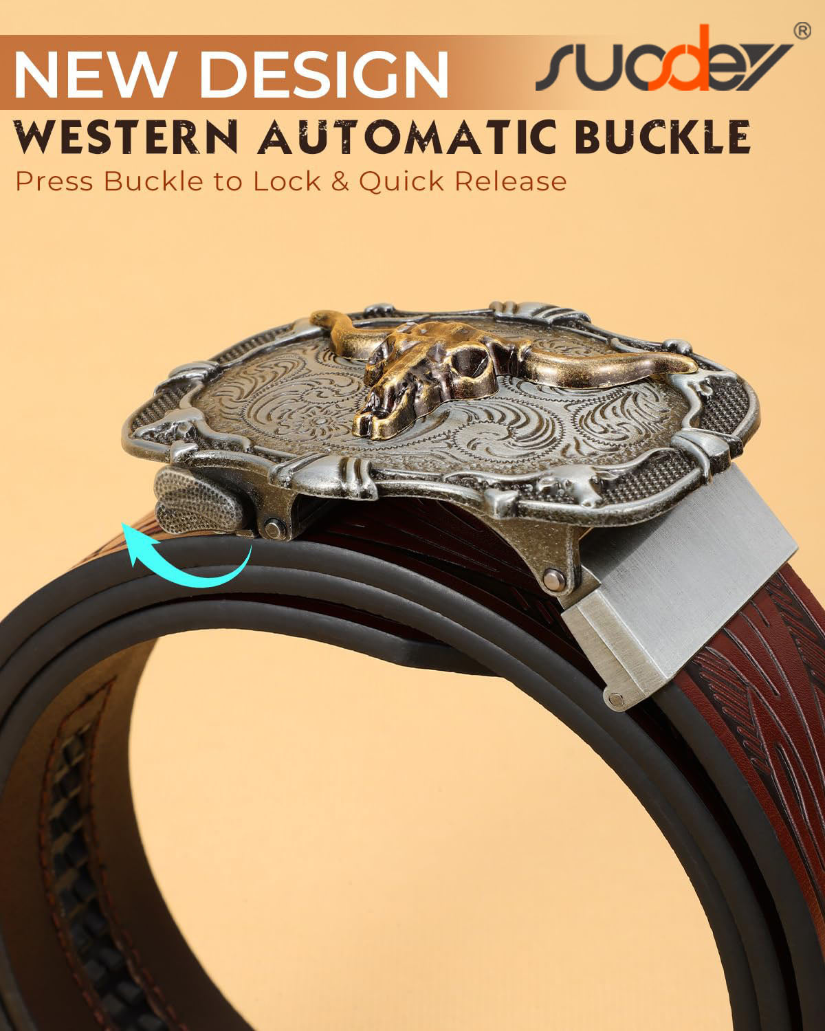 SUOSDEY Cowboy Ratchet Belt Western Leather Belts for Men with Automatic Cowboy Buckle