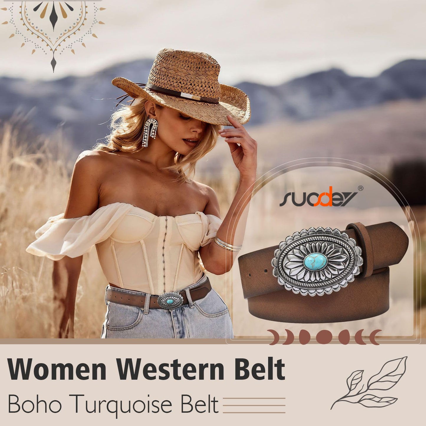 SUOSDEY Turquoise Buckle Western Leather Belt for Women Men Cowgirl Cowboy Concho Leather Belt