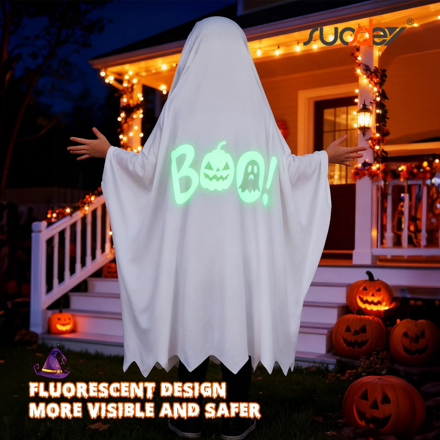 SUOSDEY Kid Halloween Costume Boy Girl Ghost Smile Cape Cloak Hoodie with Bag Cosplay Outfits 3-14 Years