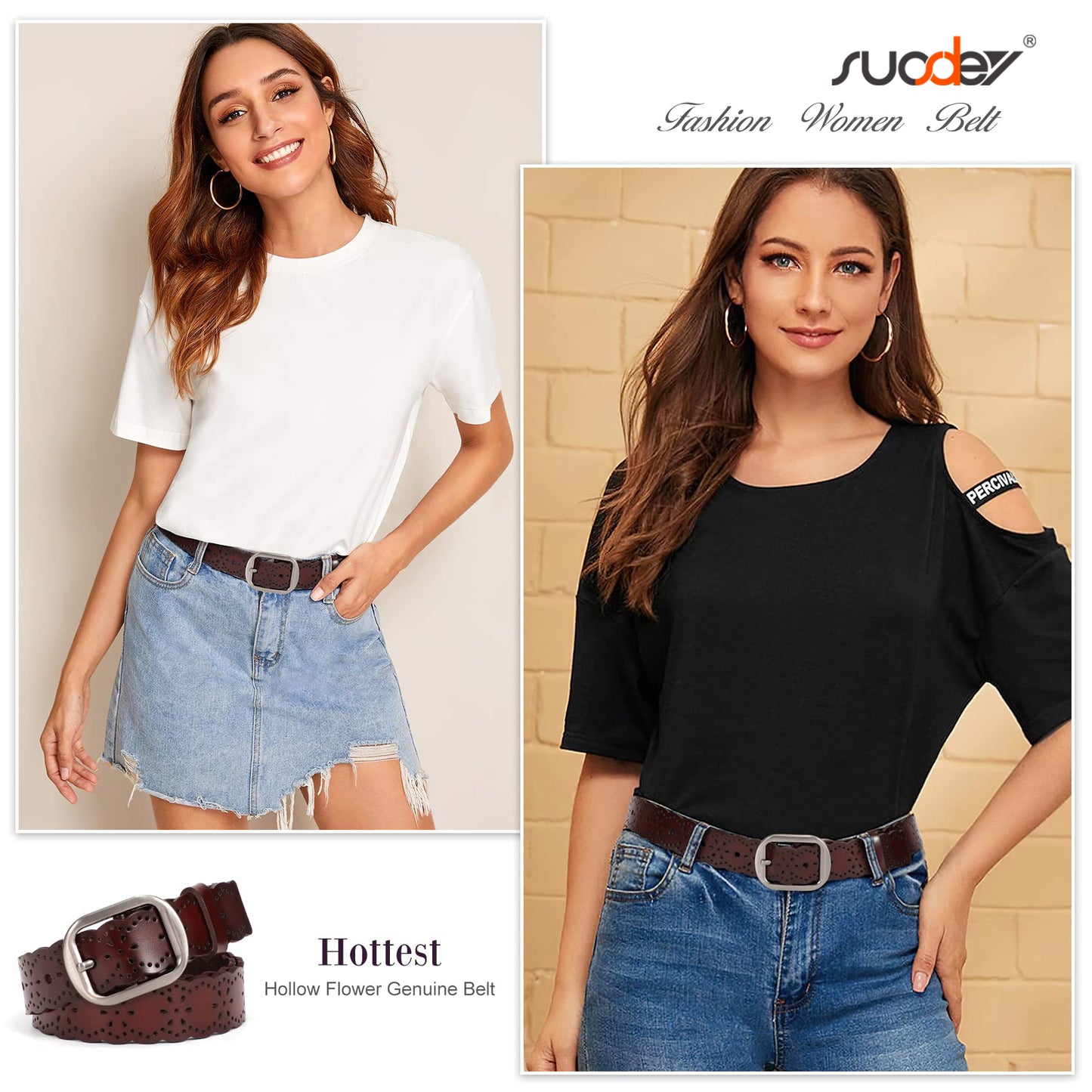 SUOSDEY Hollow Flower Leather Belt for Women Coffee Belt for Jeans Dresses Pants with Gift Box