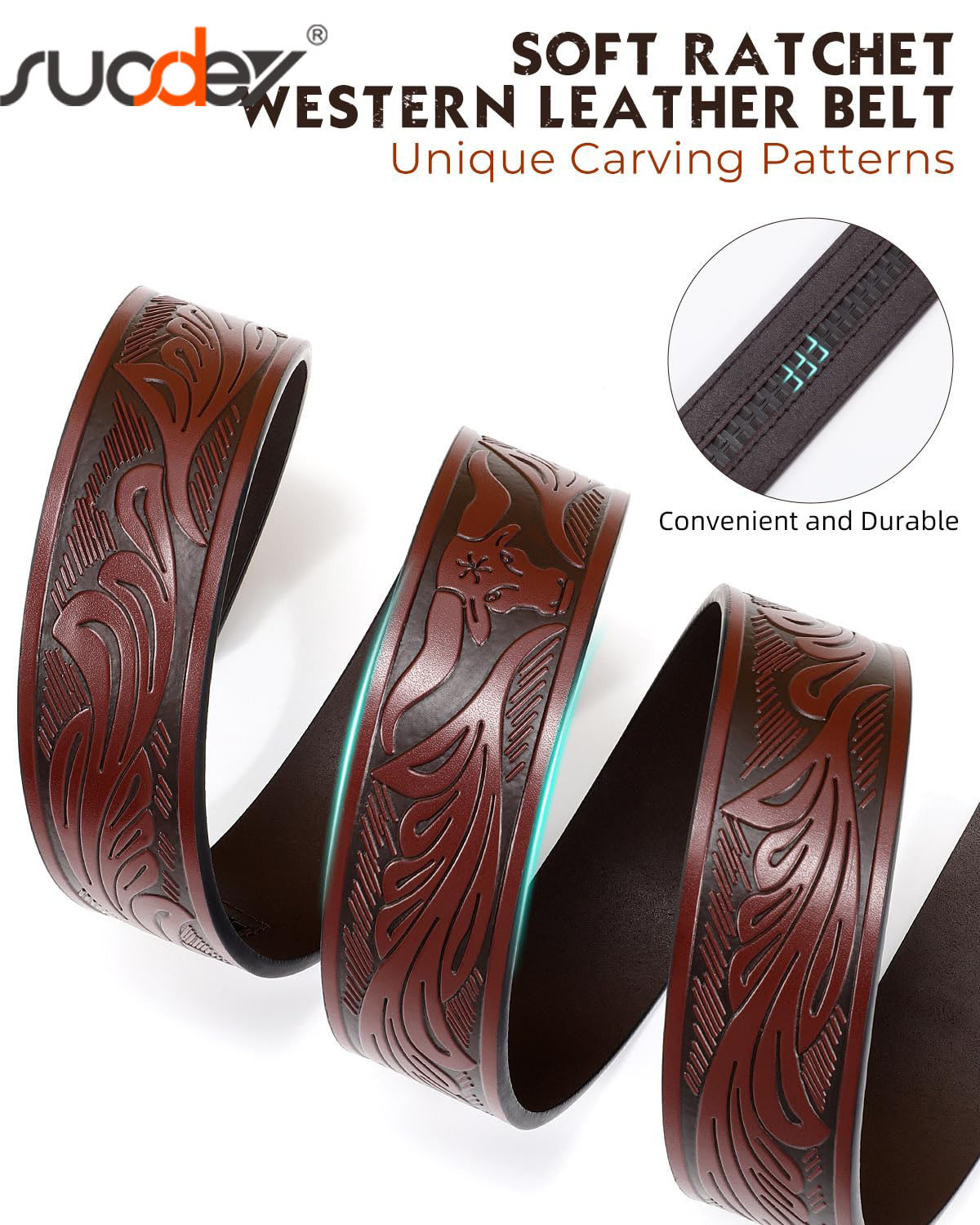 SUOSDEY Cowboy Ratchet Belt Western Leather Belts for Men with Automatic Cowboy Buckle