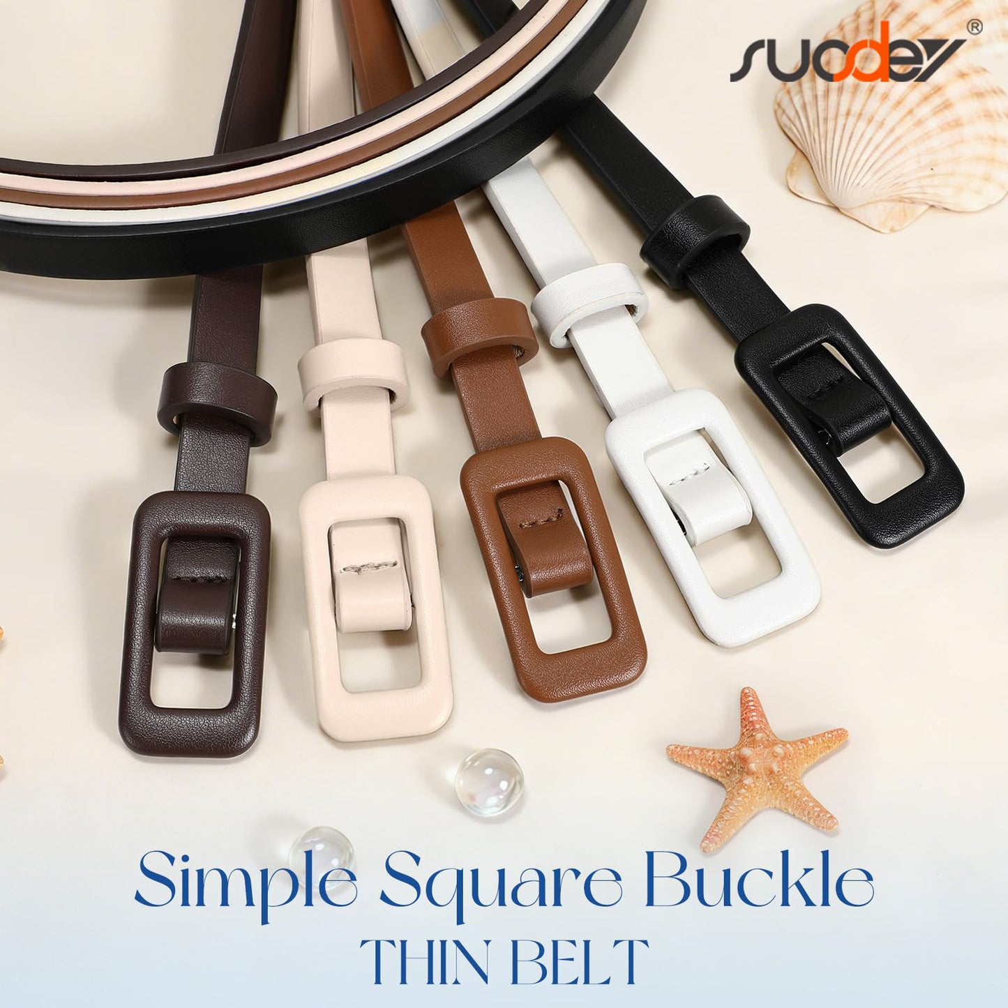 SUOSDEY 5 Pack Women Skinny Leather Belt Thin Waist No Hole Belt for Ladies Jeans Dress Pants