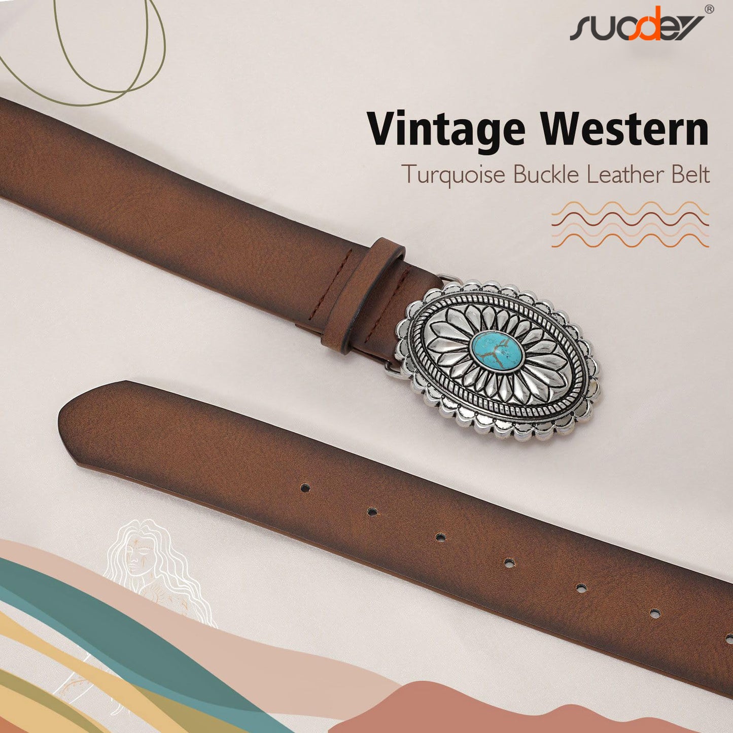 SUOSDEY Turquoise Buckle Western Leather Belt for Women Men Cowgirl Cowboy Concho Leather Belt