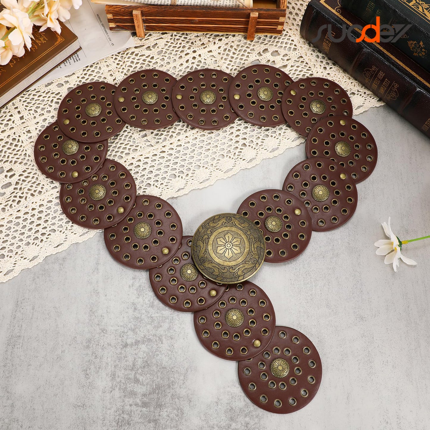 SUOSDEY Women's Concho Disc Belt Western Cowboy Cowgirl Wide Leather Boho Country Waist Belts for Dress Jeans