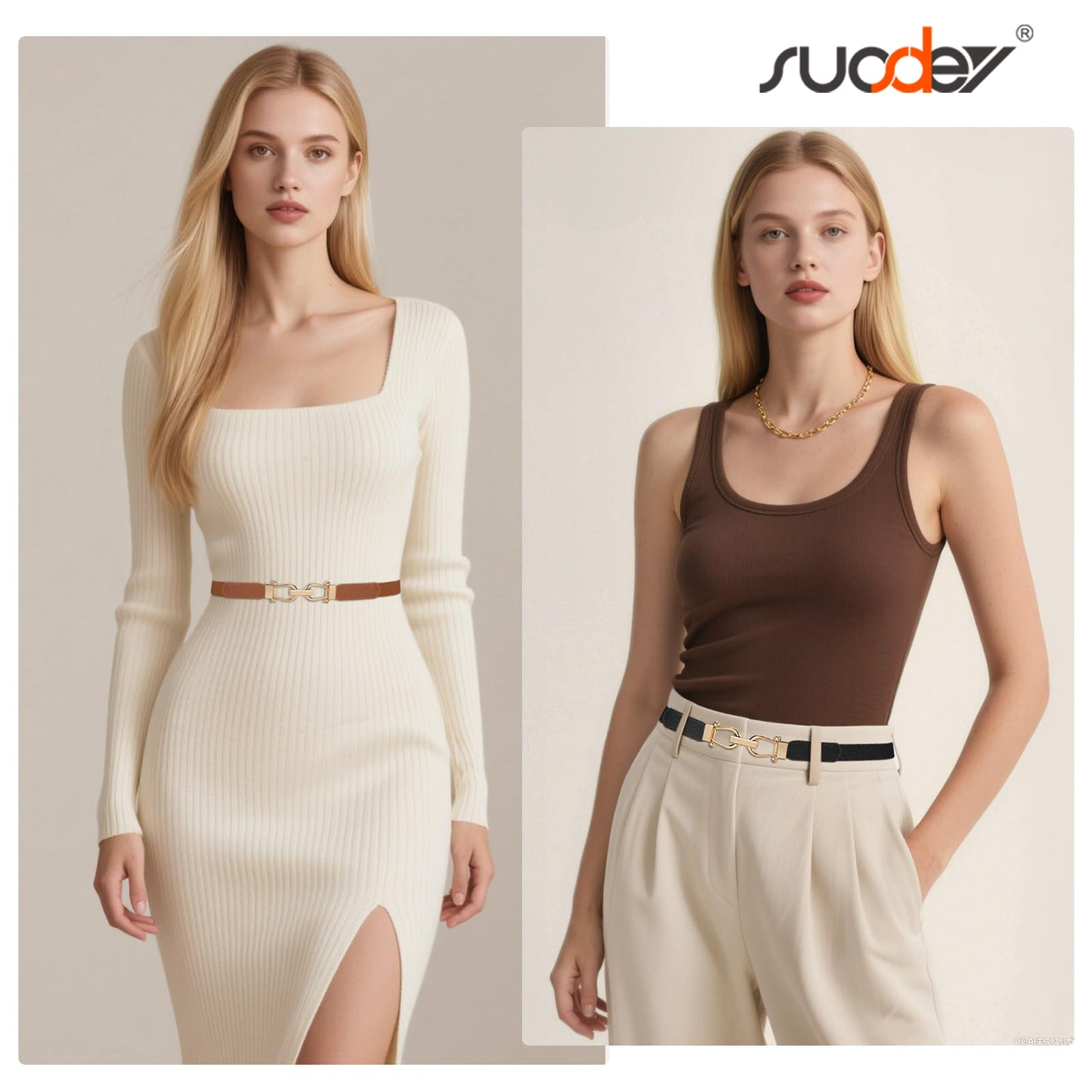 SUOSDEY Women Stretchy Waist Belt Retro Elastic Skinny Belt for Dresses Ladies with Gold Buckle 4 Pack
