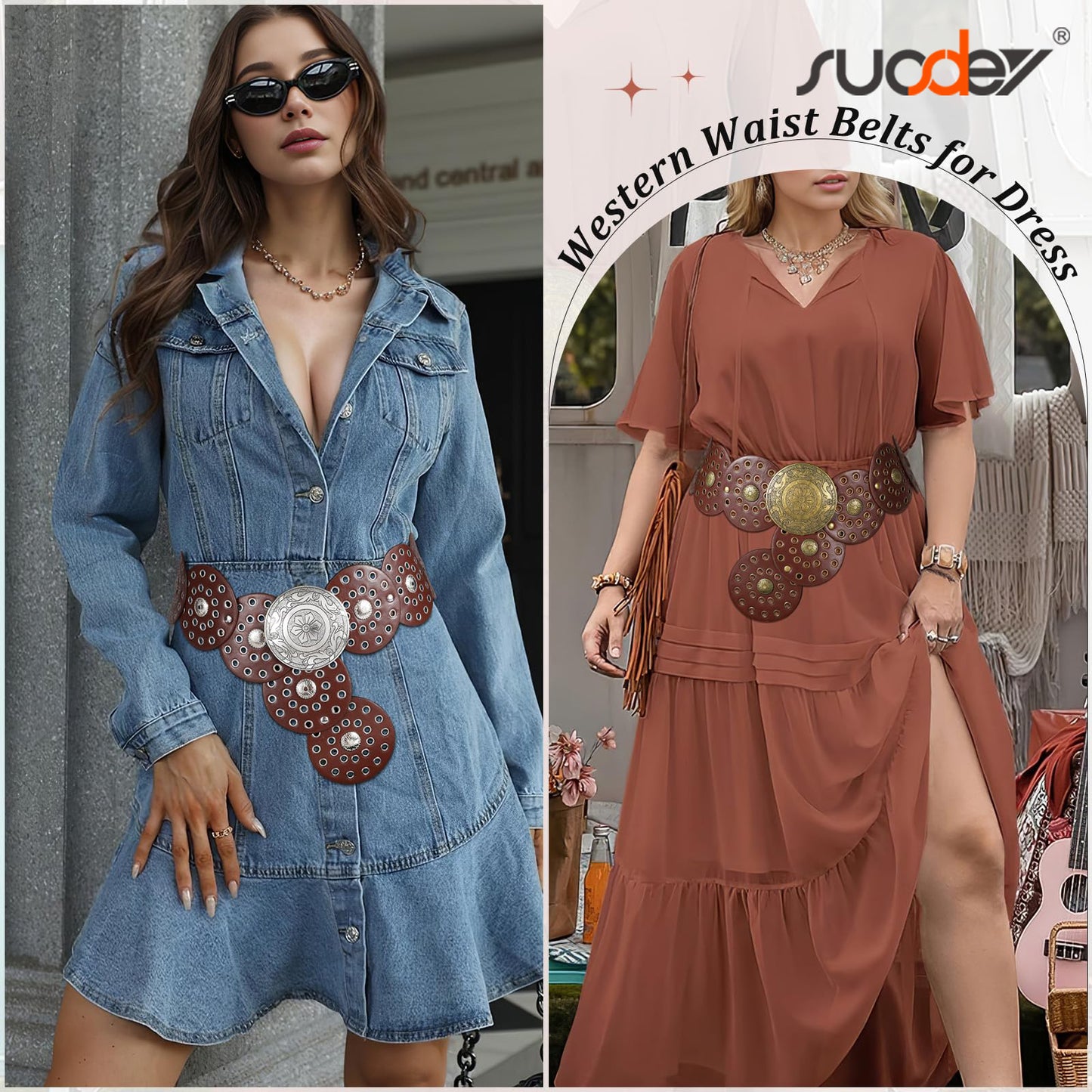 SUOSDEY Women's Concho Disc Belt Western Cowboy Cowgirl Wide Leather Boho Country Waist Belts for Dress Jeans