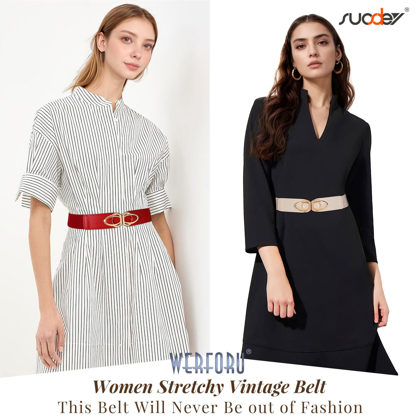 SUOSDEY Set of 4 Elastic Belts for Women Skinny Fashion Belt for Dress with Gold Buckle