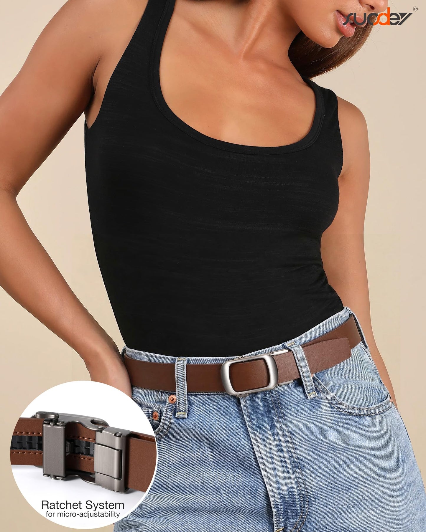 SUOSDEY Women Ratchet Belt Automatic Buckle Slide Belt for Jeans Dresses