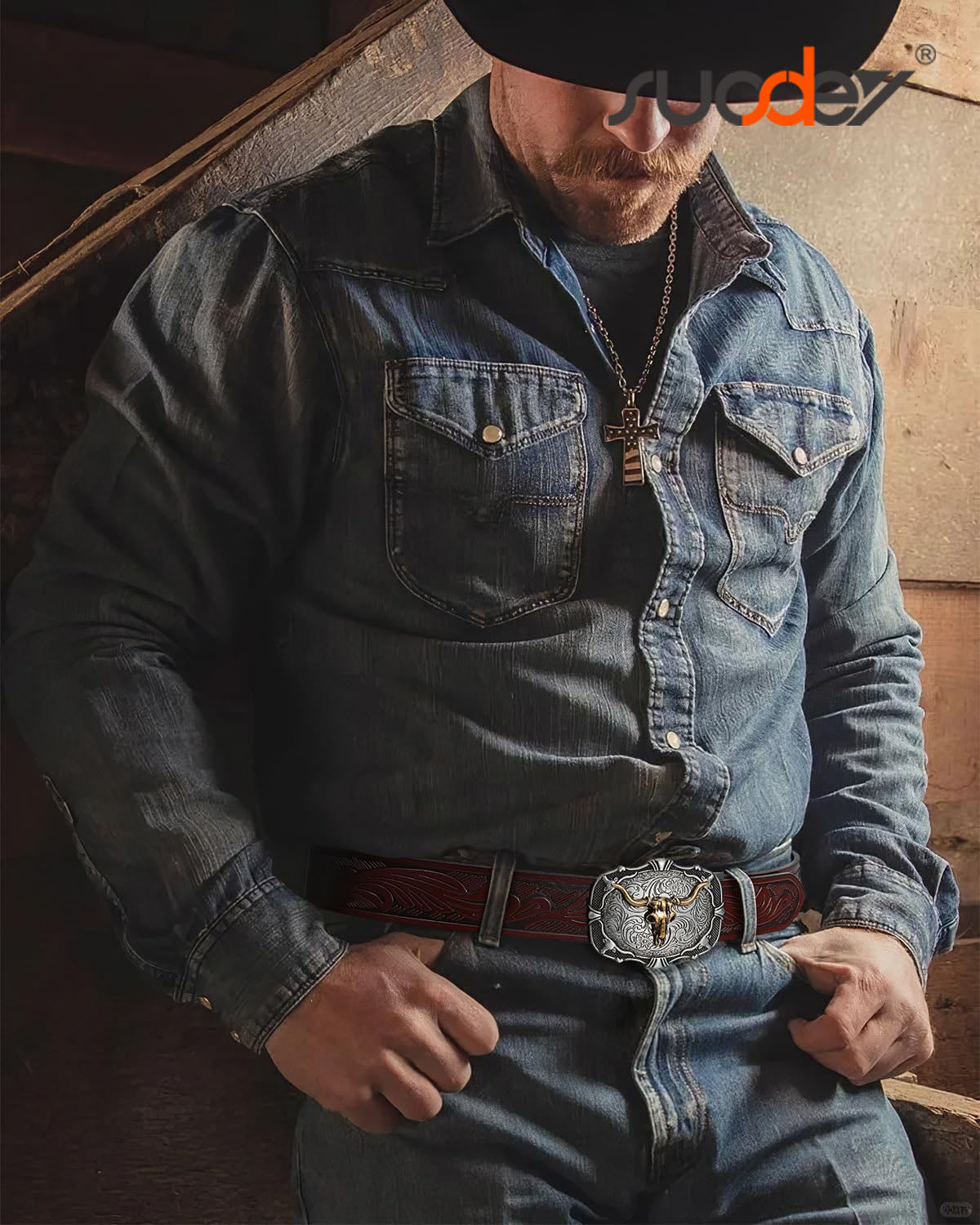 SUOSDEY Cowboy Ratchet Belt Western Leather Belts for Men with Automatic Cowboy Buckle