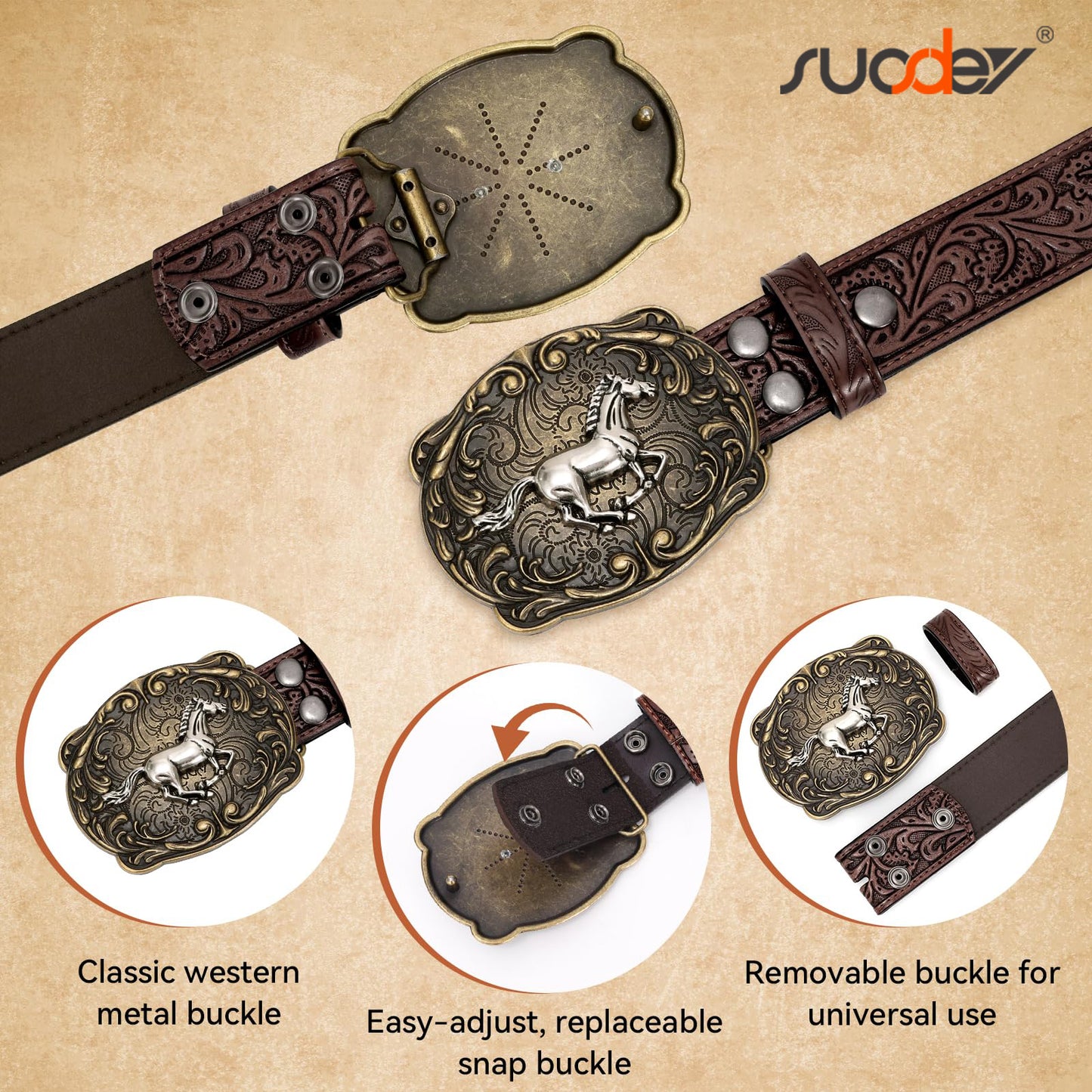 SUOSDEY Cowboy Western Belts for Men Women Floral Engraved Belt for Jeans Christmas Coffee Cowgirl Belt