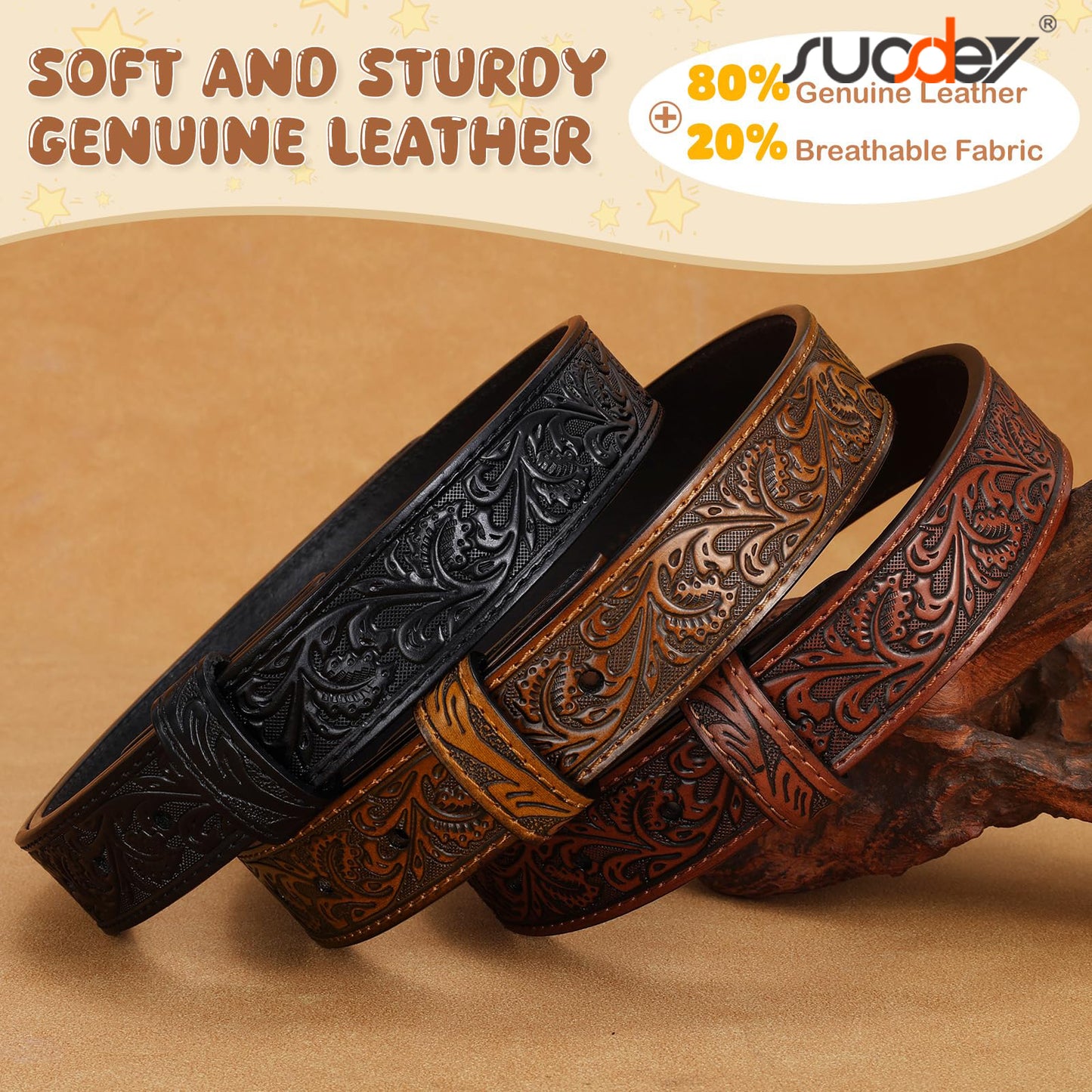 SUOSDEY Kids Western Belt for Boys Girls Genuine Leather Cowboy Cowgirl Belts with Detachable Buckle for Jeans Western Gifts