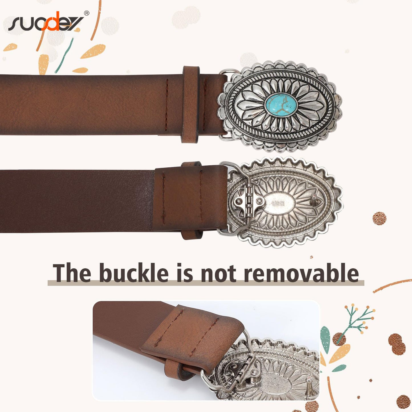 SUOSDEY Turquoise Buckle Western Leather Belt for Women Men Cowgirl Cowboy Concho Leather Belt