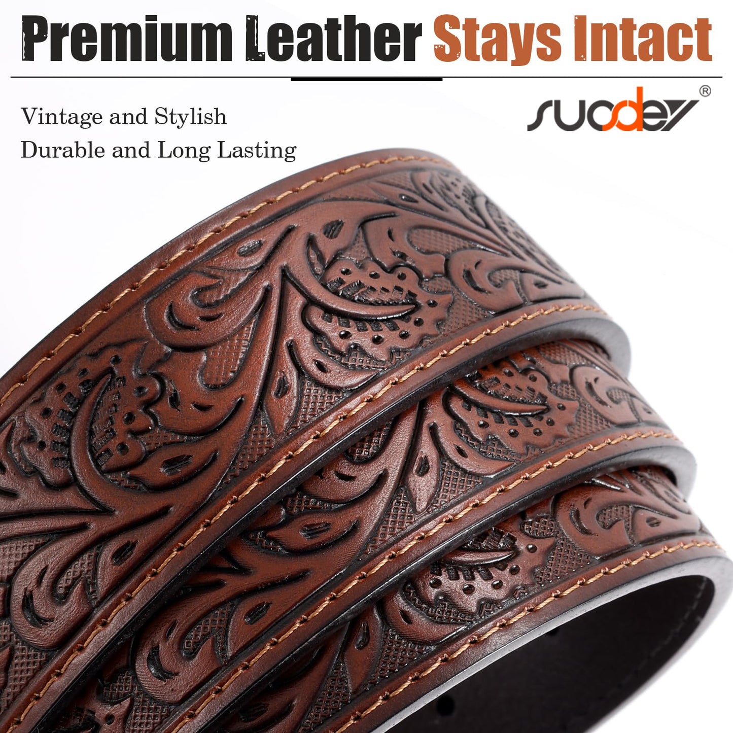 SUOSDEY Cowboy Western Belts for Men Women Floral Engraved Belt for Jeans Christmas Coffee Cowgirl Belt