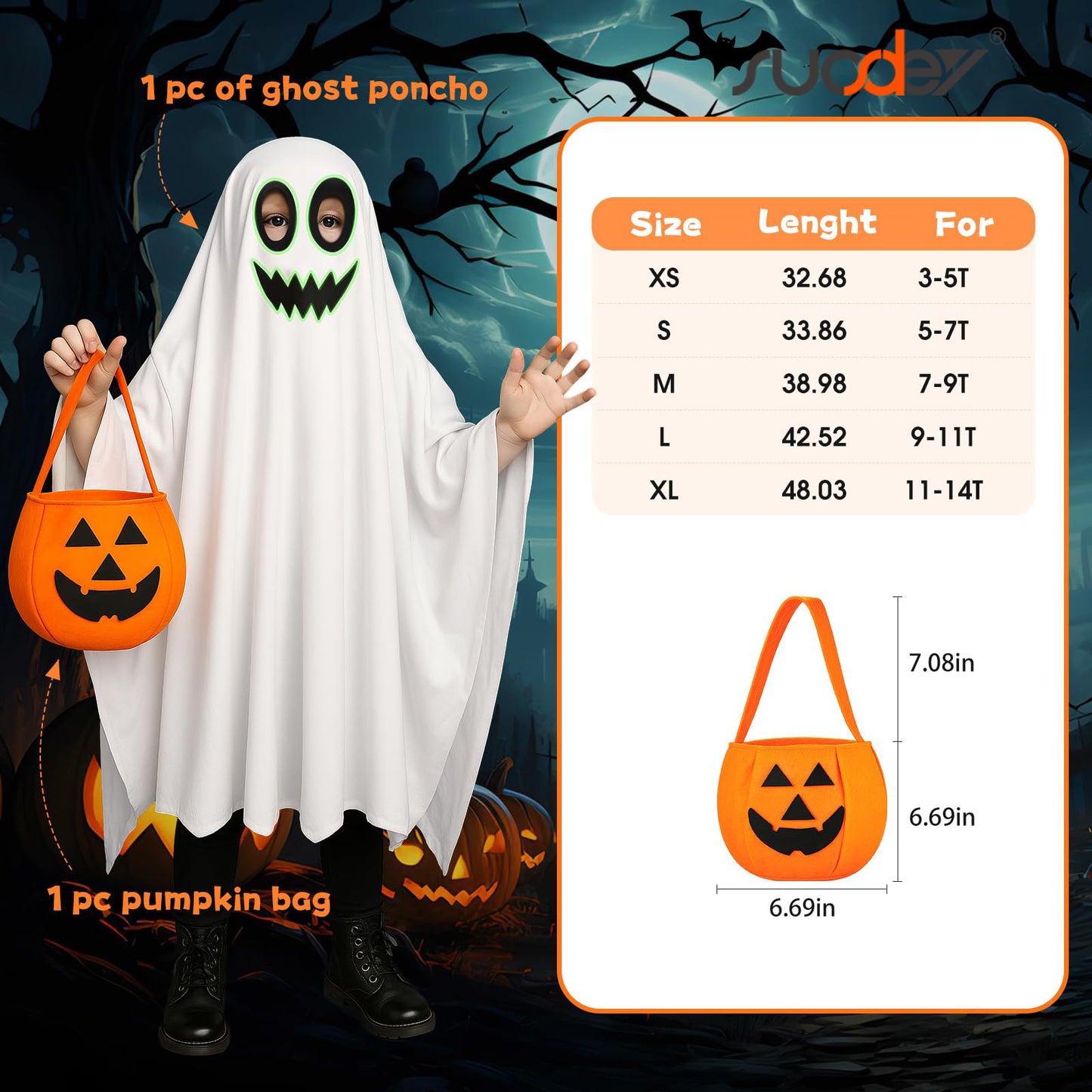 SUOSDEY Kid Halloween Costume Boy Girl Ghost Smile Cape Cloak Hoodie with Bag Cosplay Outfits 3-14 Years