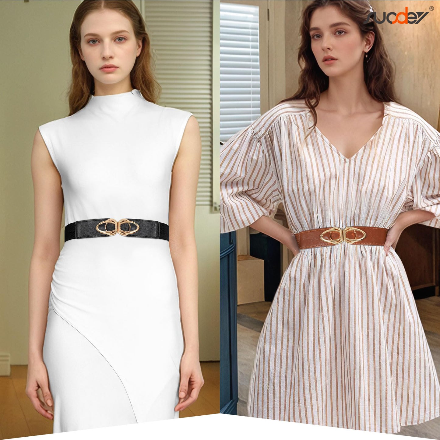 SUOSDEY Set of 4 Elastic Belts for Women Skinny Fashion Belt for Dress with Gold Buckle