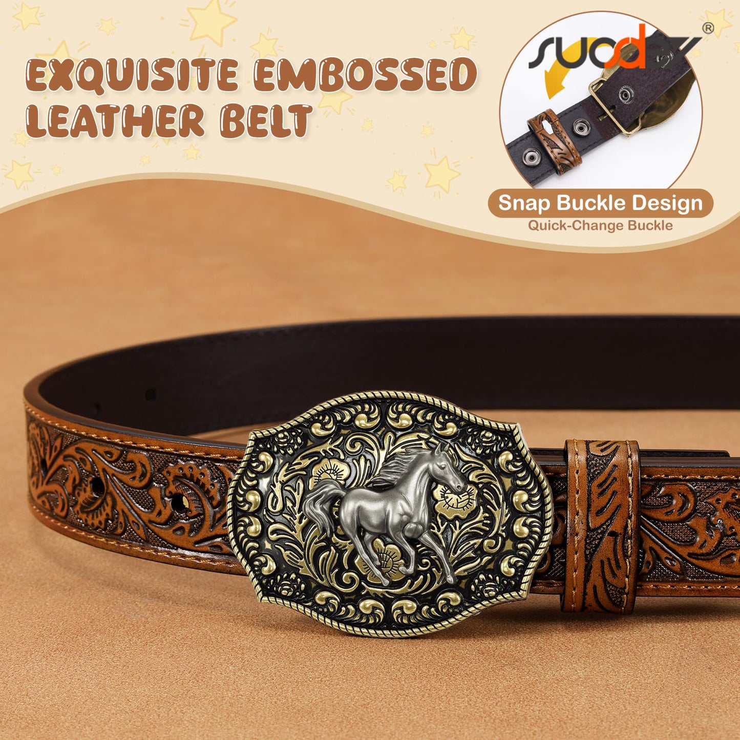 SUOSDEY Kids Western Belt for Boys Girls Genuine Leather Cowboy Cowgirl Belts with Detachable Buckle for Jeans Western Gifts