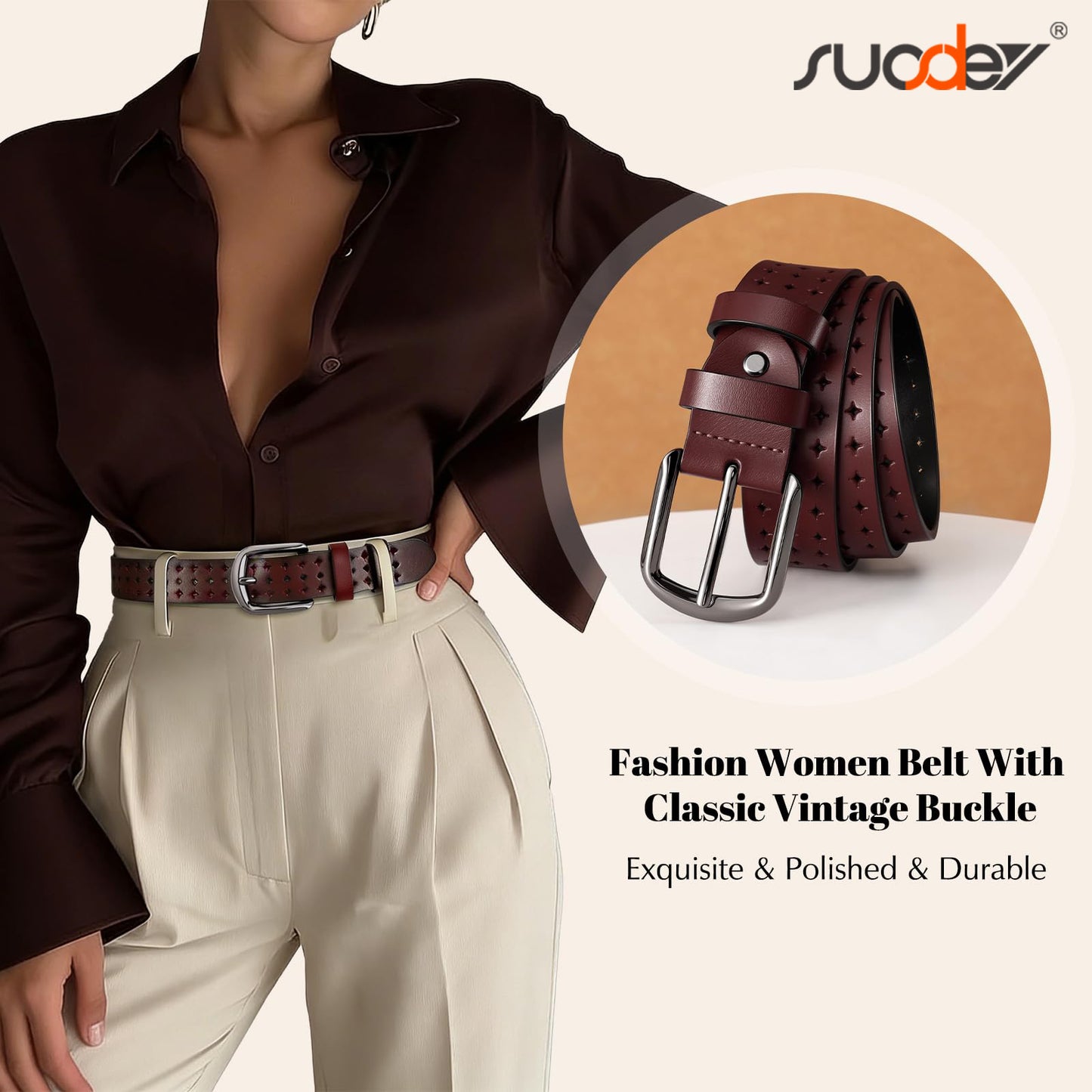 SUOSDEY Women Hollow Genuine Leather Belts with Pin Buckle,Fashion Casual Waist Belt for Jeans Dress Pants