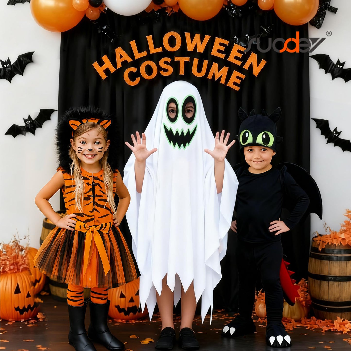 SUOSDEY Kid Halloween Costume Boy Girl Ghost Smile Cape Cloak Hoodie with Bag Cosplay Outfits 3-14 Years