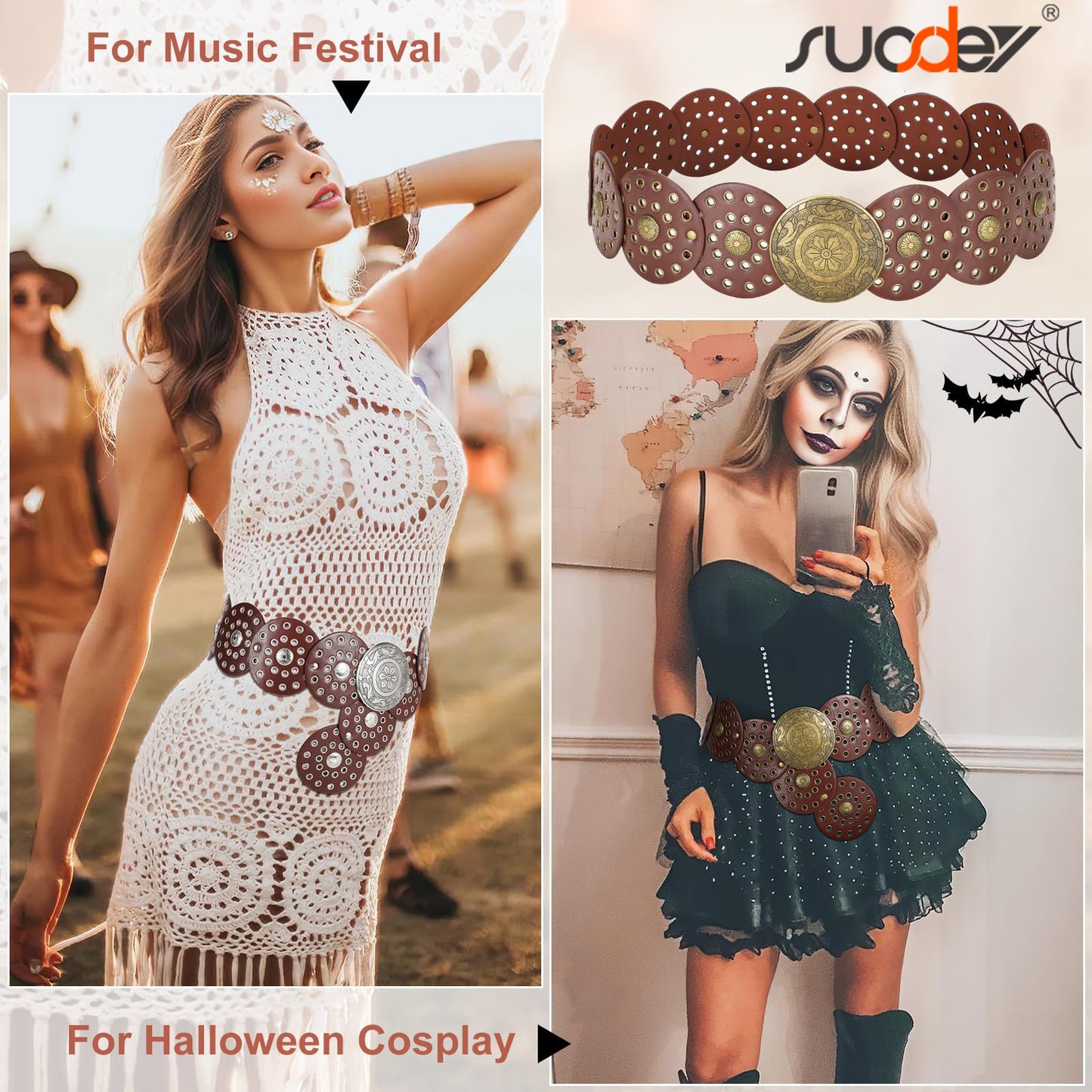 SUOSDEY Women's Concho Disc Belt Western Cowboy Cowgirl Wide Leather Boho Country Waist Belts for Dress Jeans