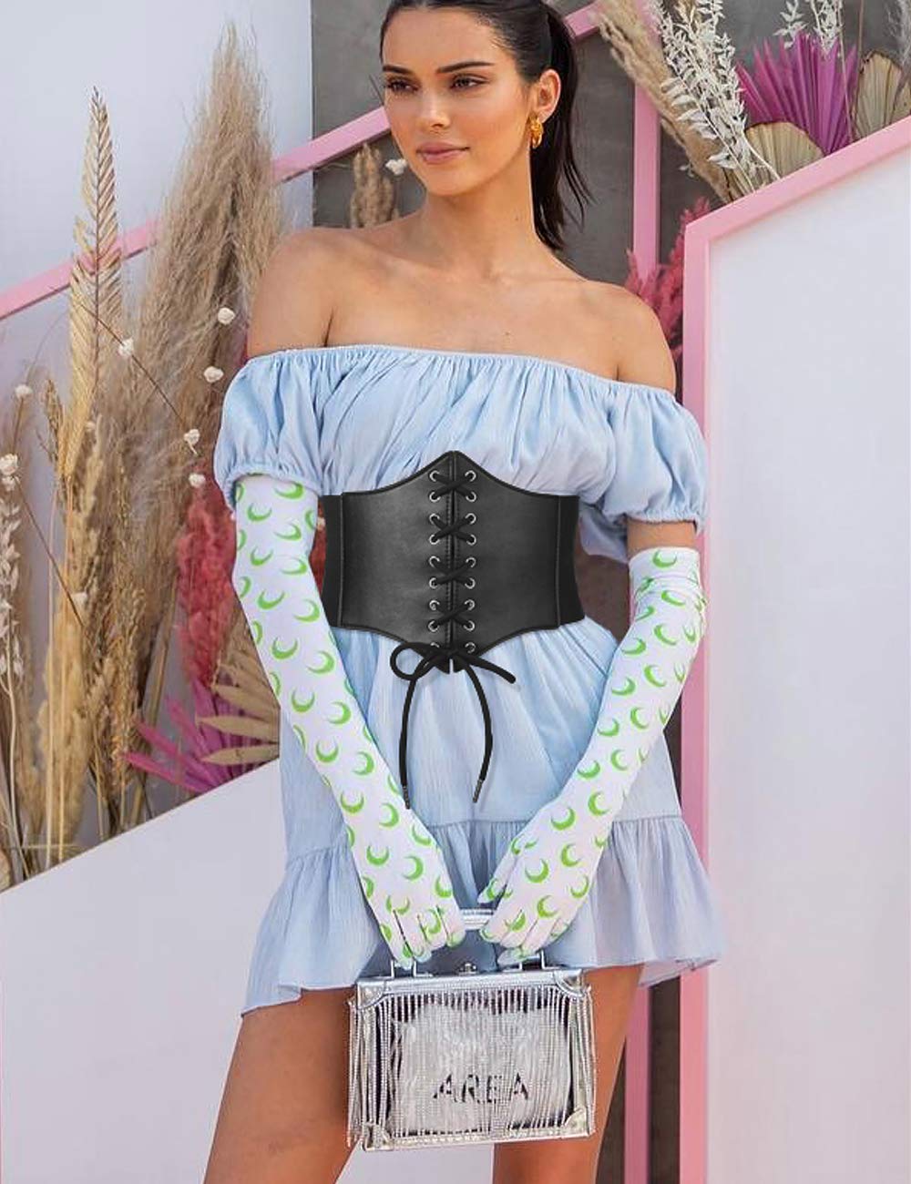 SUOSDEY Black Corset Belt for Women, Vintage Lace-up Elastic Waist Belt, Tied Waspie Wide Belt for Dresses