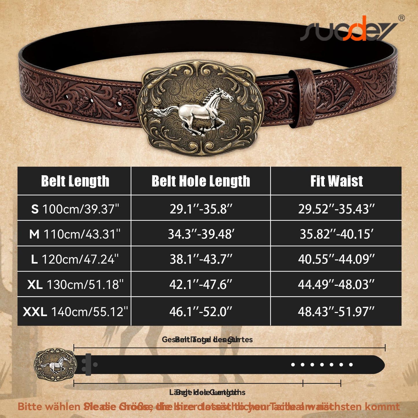 SUOSDEY Cowboy Western Belts for Men Women Floral Engraved Belt for Jeans Christmas Coffee Cowgirl Belt